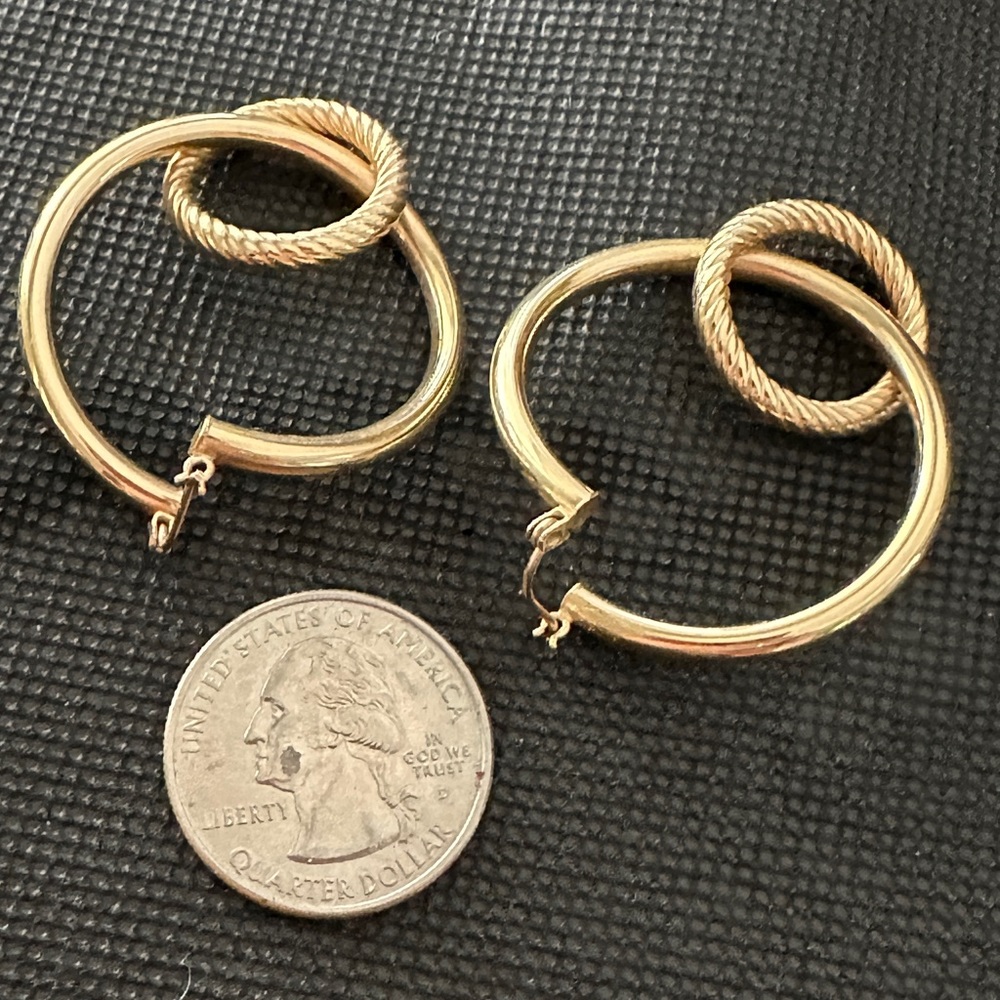 14K Gold Double Circle Hoop Earrings 1.5” - Picture 8 of 11